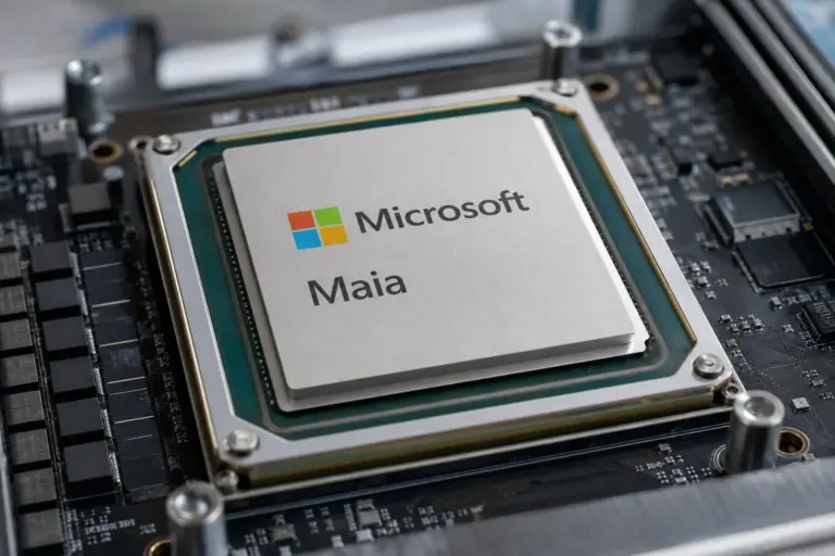 Microsoft CEO Satya Nadella speaks beside server racks built to support Maia Chip AI inference deployments