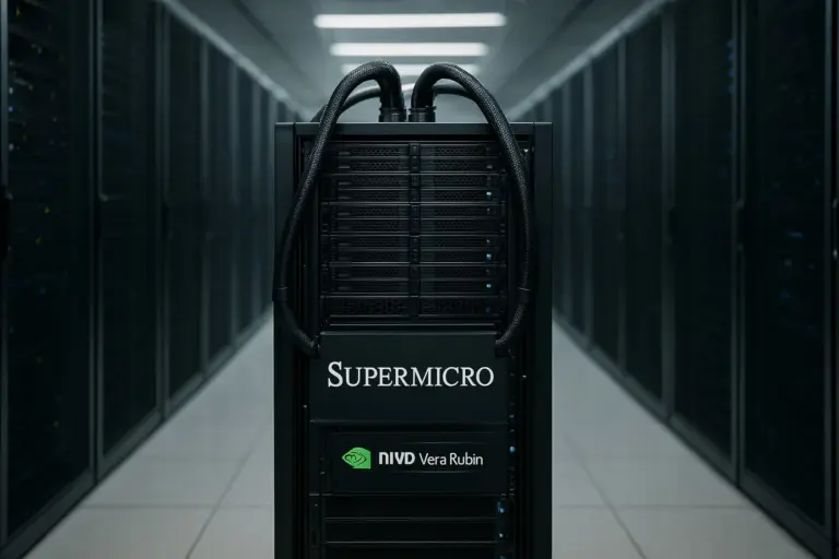 Supermicro 256-CPU liquid-cooled rack with stacked server blades and a placard noting capacity for 22,500 sandboxes