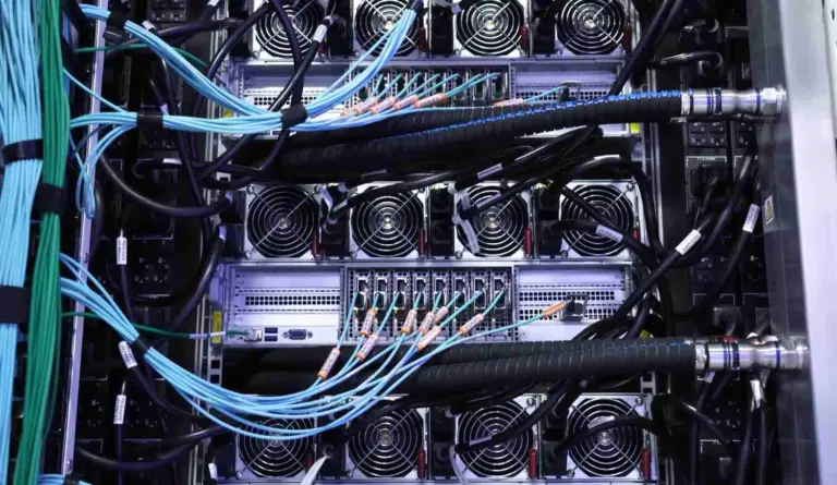 Rows of server racks in a GPU data center, illustrating the GMI Cloud raise for expanded AI computing capacity