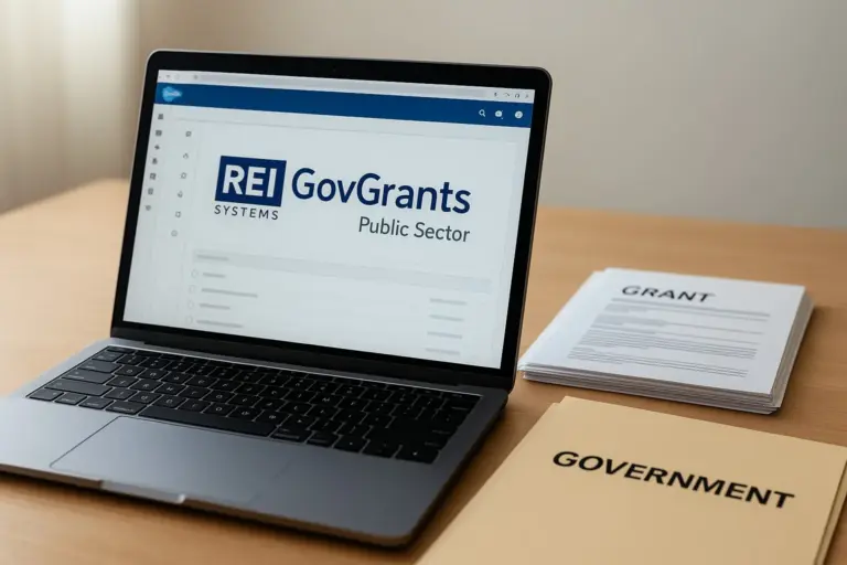 REI Systems staff reviewing GovGrants Public Sector interface on laptops displaying grant workflows and Software tools