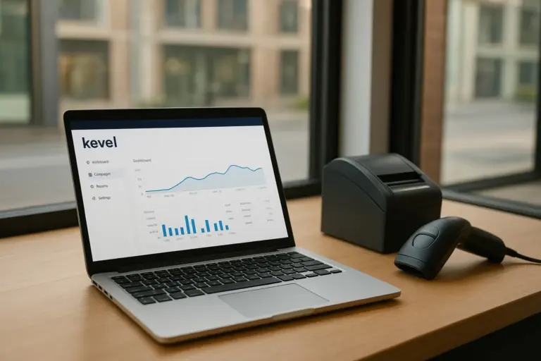 Kevel engineers collaborating over laptops with a dashboard displaying ad platform metrics and $52 funding figure