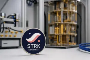 StarkWare CEO Eli Ben-Sasson speaks beside a blockchain security display warning of the Quantum Threat
