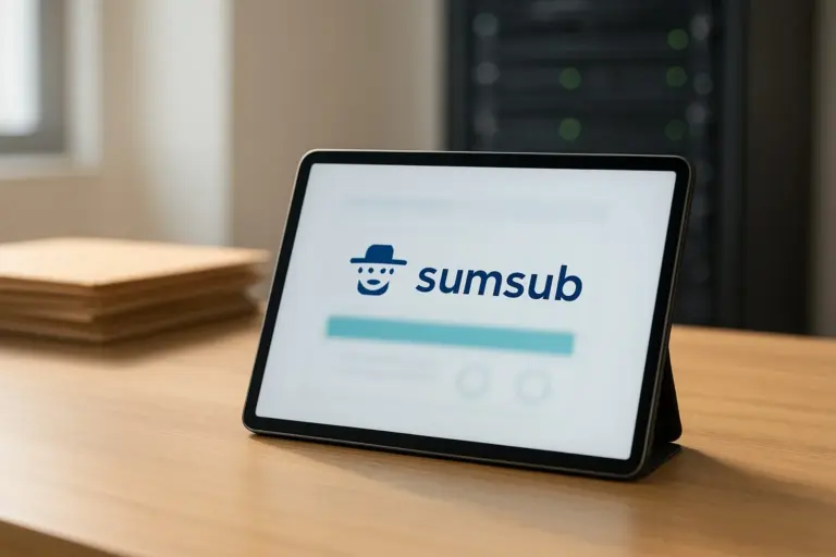 A compliance officer reviews agent access settings on a laptop screen showing Sumsub controls