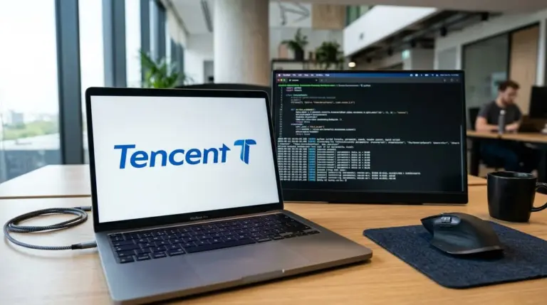 A Tencent researcher reviews a screen showing Coding Agents task completion results and automated training workflow