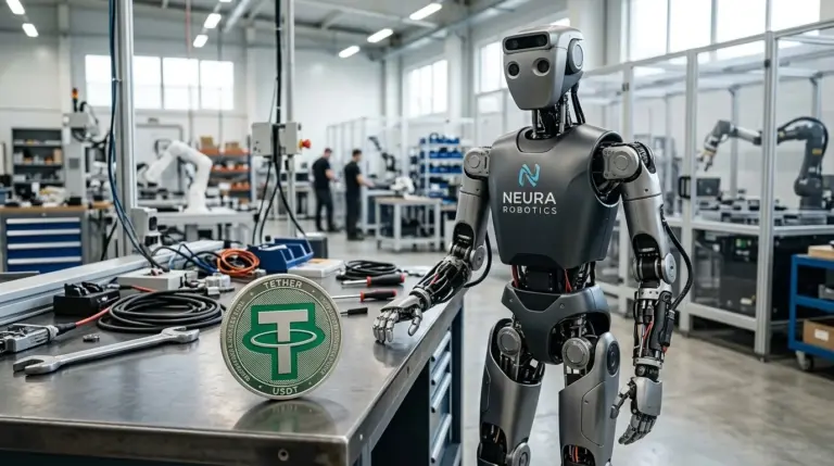 A Neura Robotics humanoid robot demonstrates movement beside a screen presenting its Neuron AI system backed by Tether
