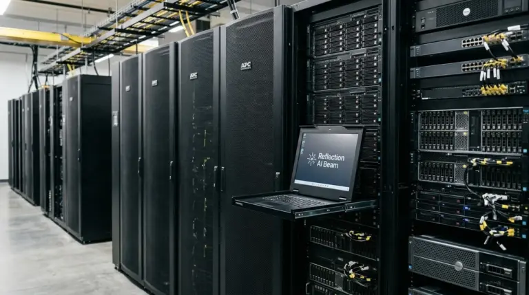 A Together AI platform screen showing Reflection AI's Beam model beside data center server racks