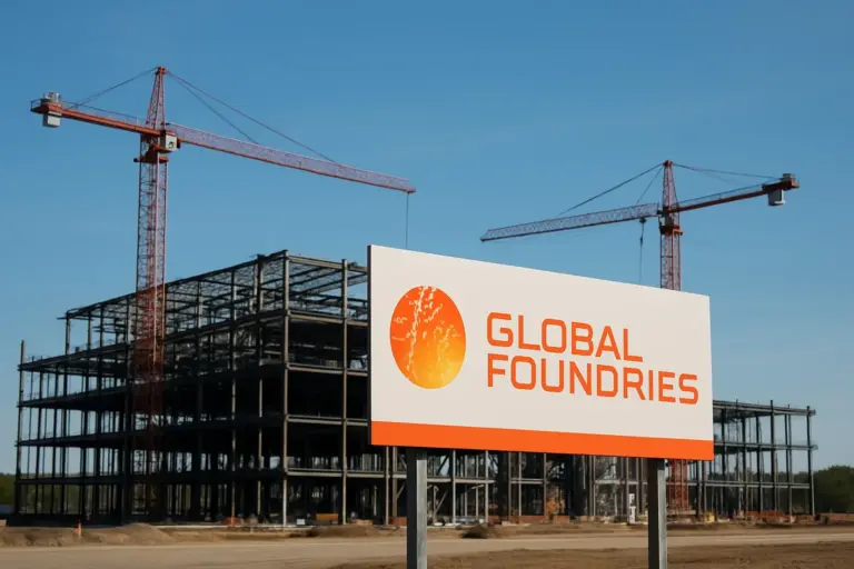 Construction site of a semiconductor fab with cranes, workers and delivery trucks, GlobalFoundries breaking ground in new york