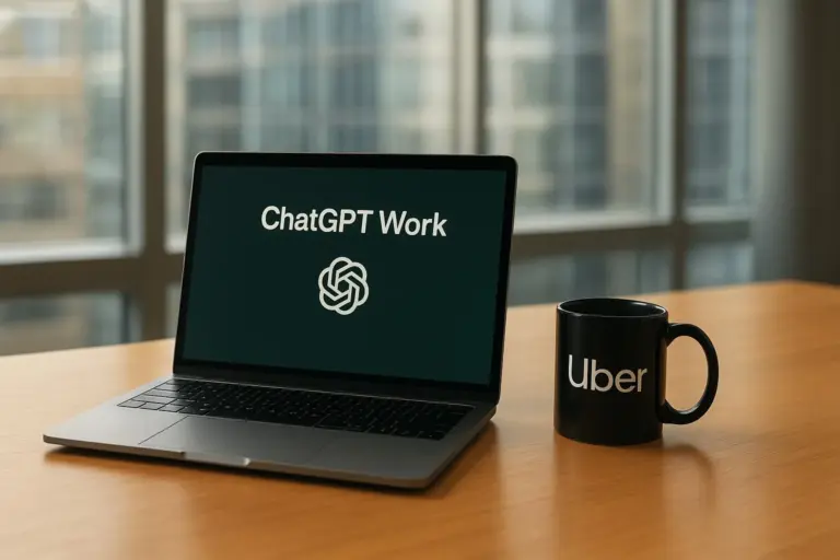 Uber employees at desks using chatgpt work on laptops during a training session in a large San Francisco office