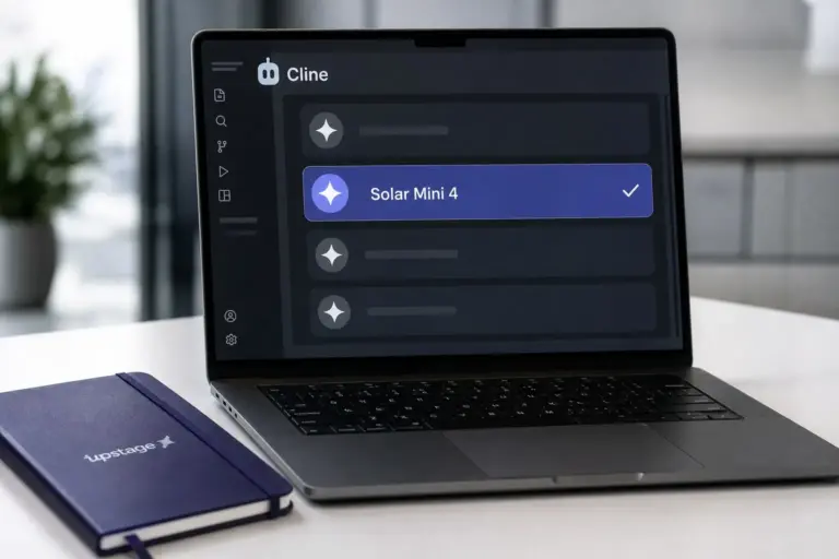 Laptop screen showing Solar Mini 4 selected in Cline, with coding output and model performance metrics