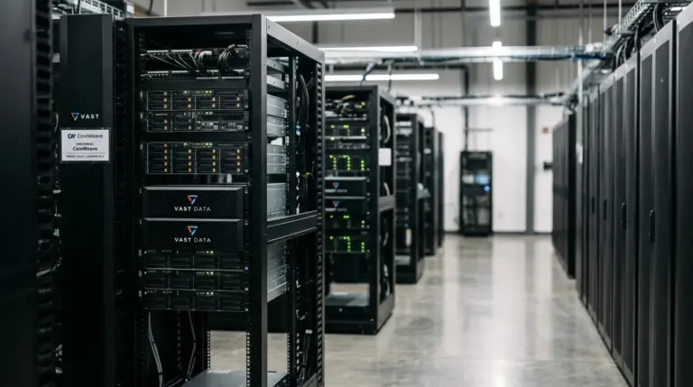 Technicians inspect VAST Data storage racks in a data center supporting CoreWeave AI cloud training workloads