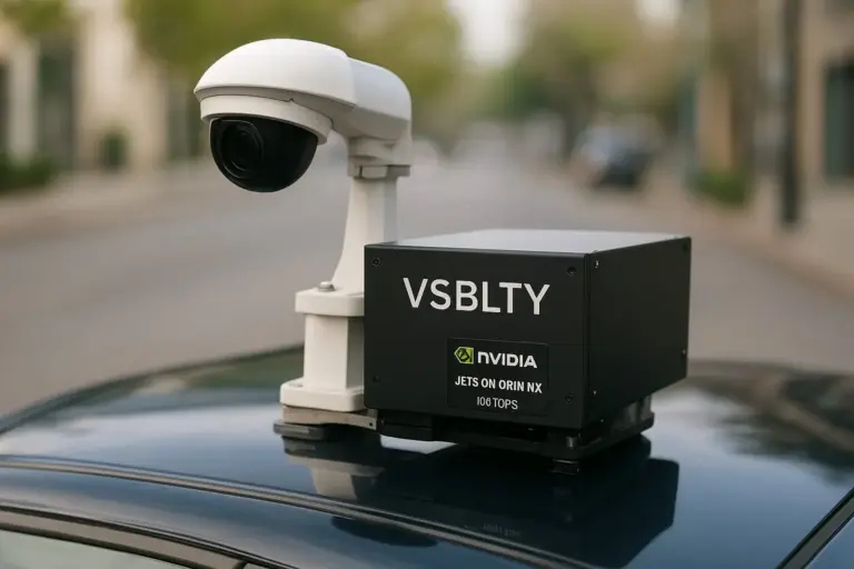 Technician installs VSBLTY edge AI box beside a police surveillance camera, showing ports and cooling vents