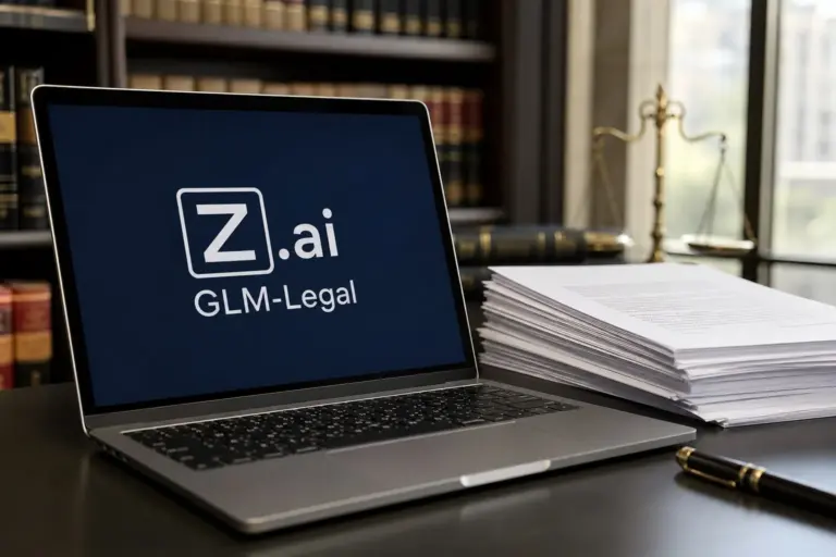 A laptop screen displays legal documents beside an AI chat interface for Z.ai's GLM-Legal Model