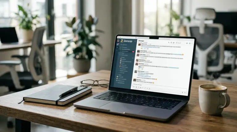 A worker uses the Zenzap workplace chat app, where AI Agents help manage messages and routine tasks