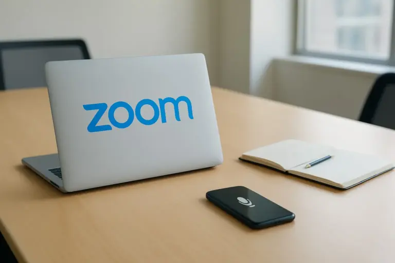 Zoom meeting on a laptop screen with AI task list extracted from a live call, chat pane and calendar entries visible